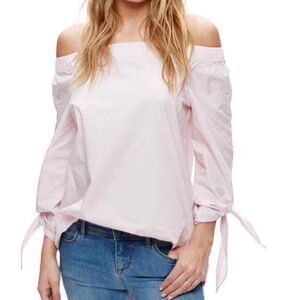 NWT Free people‎ Off the Shoulder 3/4 Length Tie Sleeve Cotton Top Pink Sz L